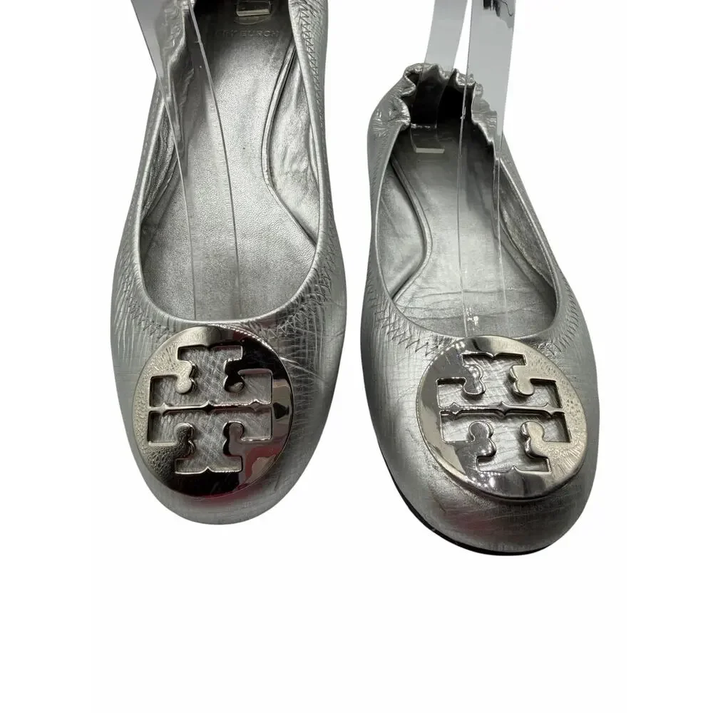 Tory Burch Reva Flats Silver Metallic‎ Leather Logo Medallion Shoes Size 10 Y2K